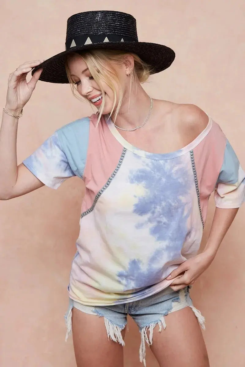 BiBi Tie Dye Printed Cotton Color Block T-Shirt for Women - Love Salve